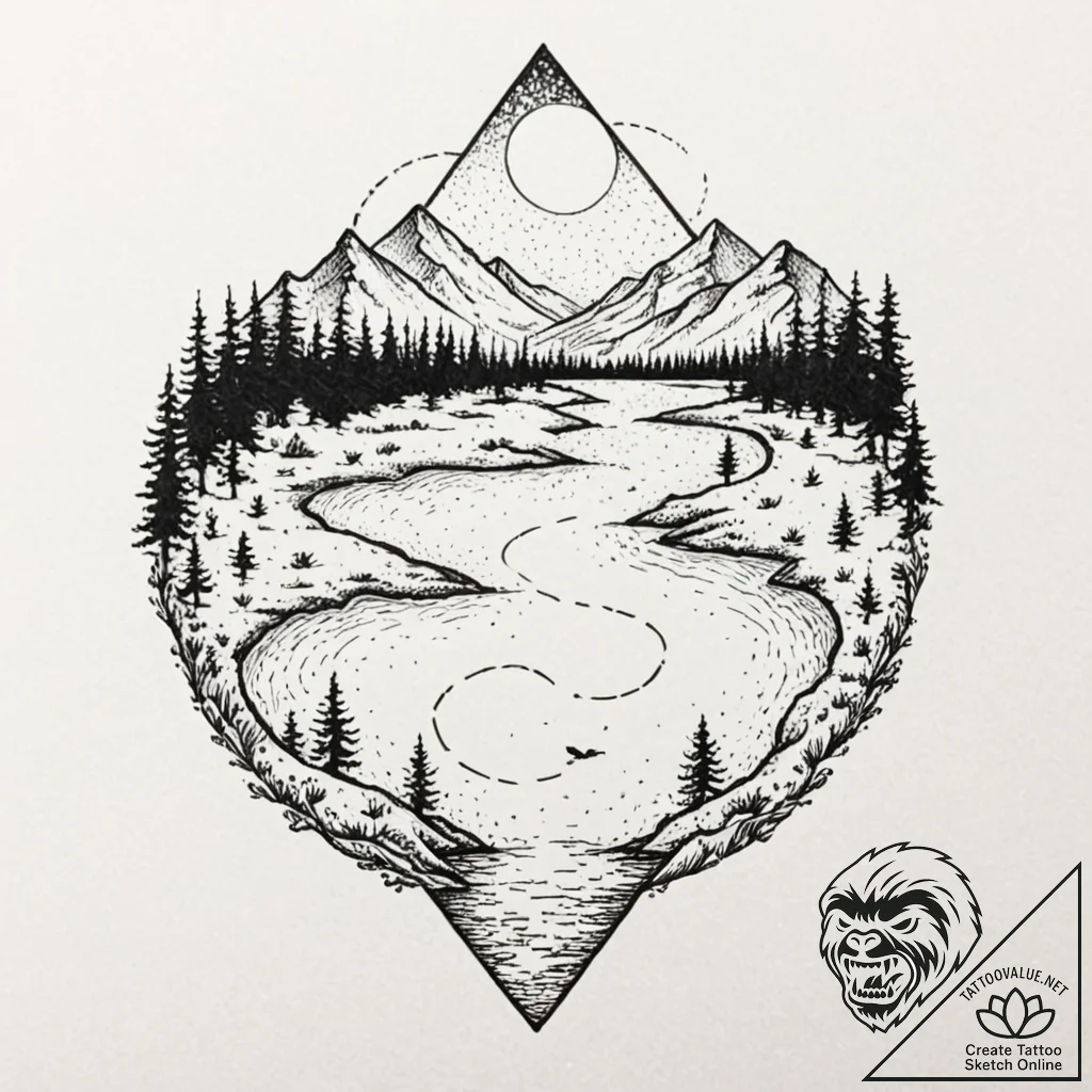 Tattoo design a landscape with a river flowin... - tattoo sketch (№1753060389_0, 21.07.2025 01:13) — tattoovalue.net