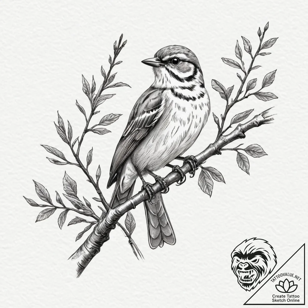 Tattoo sketch a stylized songbird perched on... - tattoo sketch (№1753061131_0, 21.07.2025 01:25) — tattoovalue.net