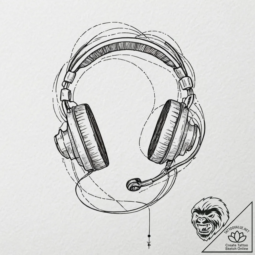Tattoo sketch a gaming headset with sound wav... - tattoo sketch (№1753064675_0, 21.07.2025 02:24) — tattoovalue.net
