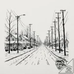 A quiet, snow-covered residential street in a… – tattoo sketch (№1753065497_0, 21.07.2025 02:38) — tattoovalue.net