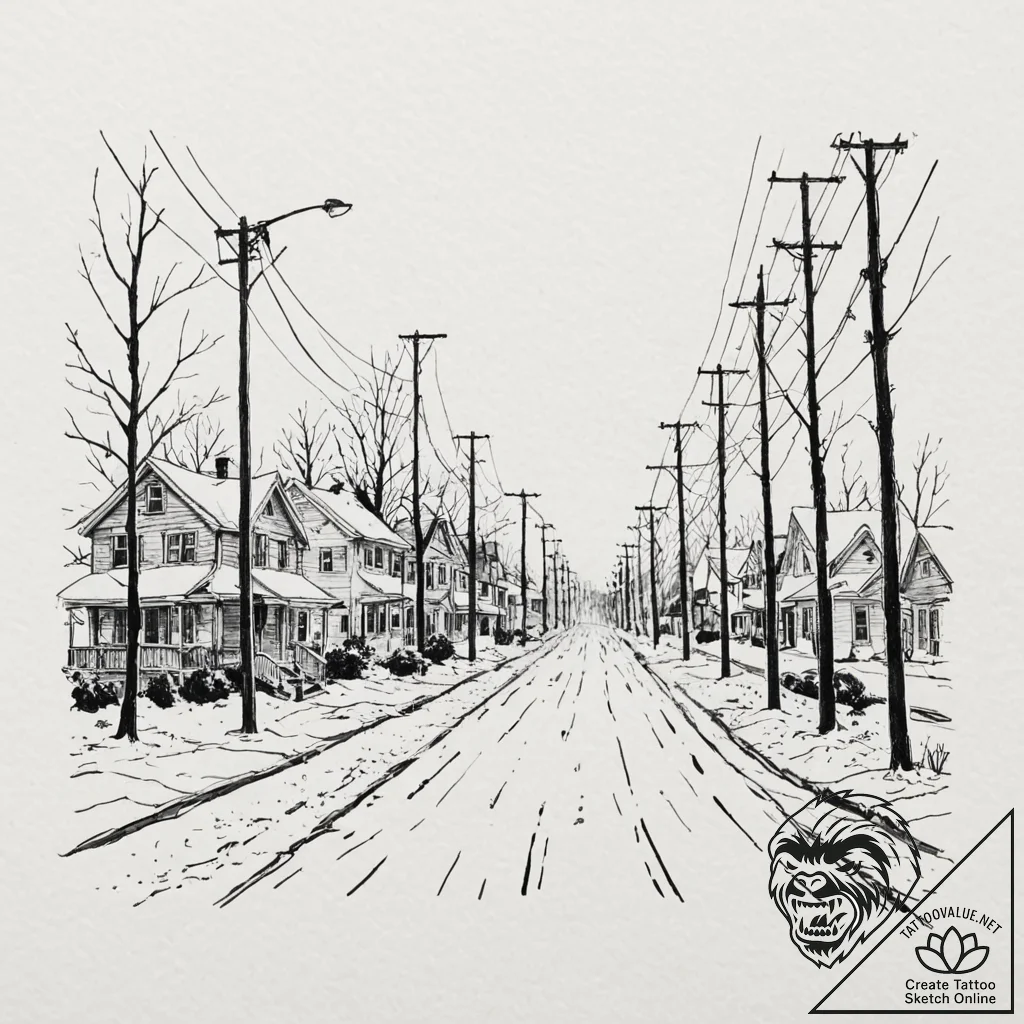 A quiet, snow-covered residential street in a... - tattoo sketch (№1753065497_0, 21.07.2025 02:38) — tattoovalue.net