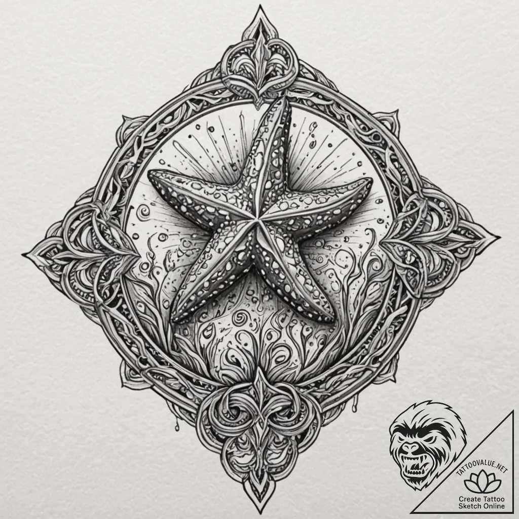 Starfish, concept art for tattoo, black and g... - tattoo sketch (№1753067148_0, 21.07.2025 03:05) — tattoovalue.net