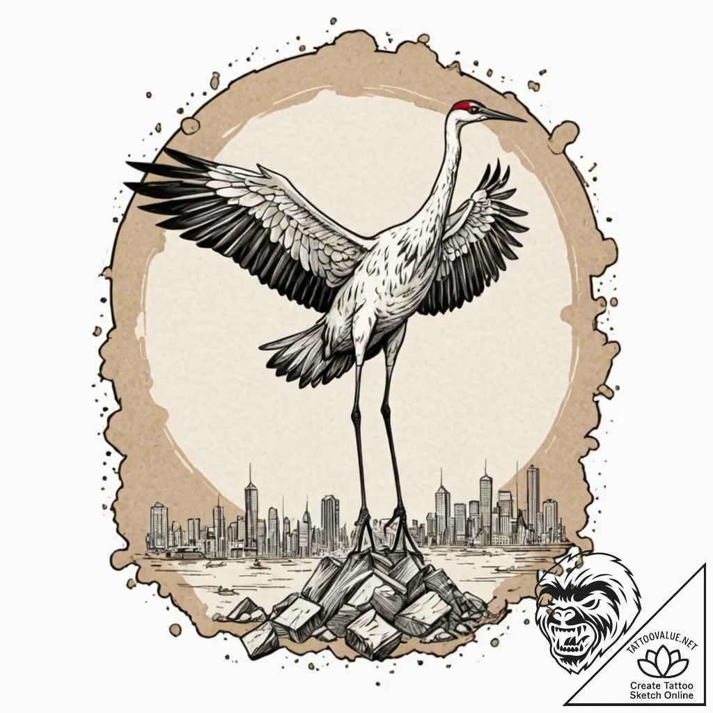 Crane, ink illustration for tattoo, on a clea... - tattoo sketch (№1753068068_0, 21.07.2025 03:21) — tattoovalue.net