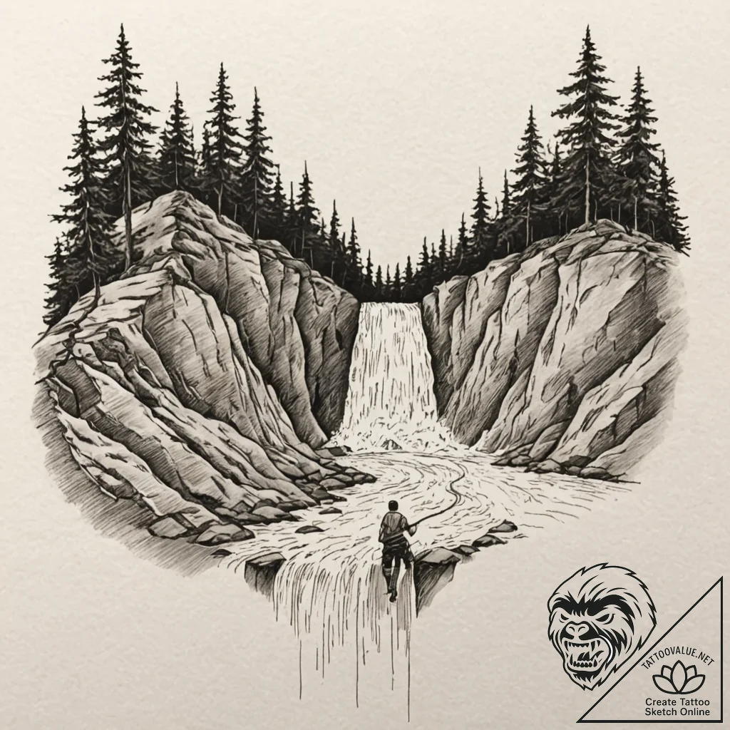 A person repelling down a waterfall., artisti... - tattoo sketch (№1753068400_0, 21.07.2025 03:26) — tattoovalue.net