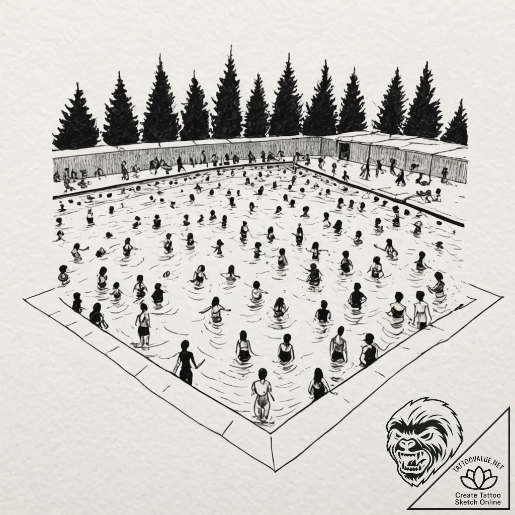 A shot of a crowded public swimming pool on a... - tattoo sketch (№1753069309_0, 21.07.2025 03:41) — tattoovalue.net