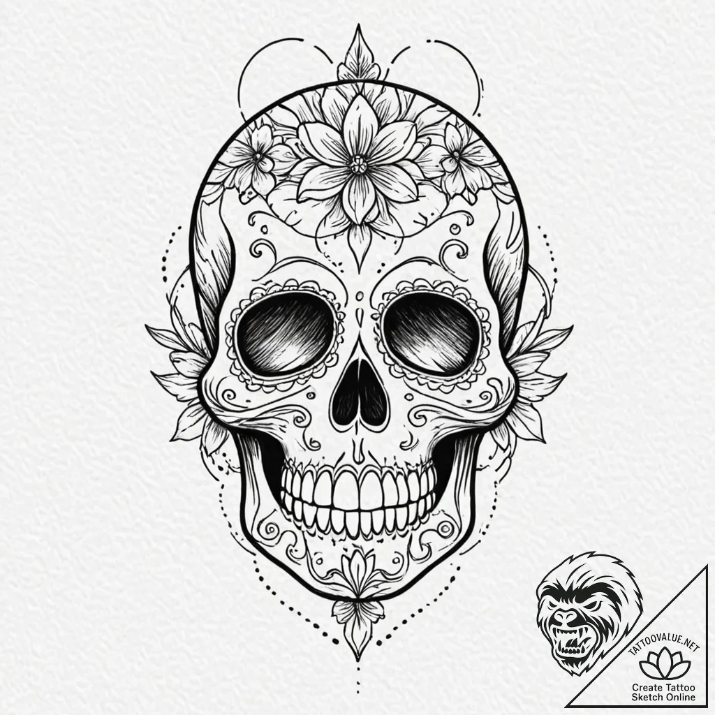 Sugar skull, ink illustration for tattoo, lin... - tattoo sketch (№1753069884_0, 21.07.2025 03:51) — tattoovalue.net