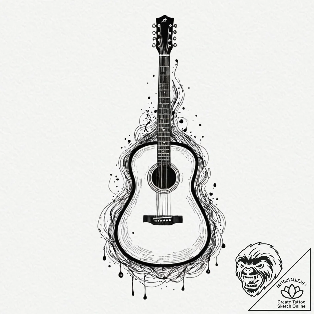Guitar, ink illustration for tattoo, on a cle... - tattoo sketch (№1753072361_0, 21.07.2025 04:32) — tattoovalue.net