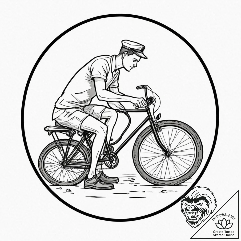 A person repairing a bicycle tire., ink illus... - tattoo sketch (№1753073102_0, 21.07.2025 04:45) — tattoovalue.net