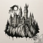 A watercolor sketch of hogwarts castle at nig… – tattoo sketch (№1753073514_0, 21.07.2025 04:51) — tattoovalue.net