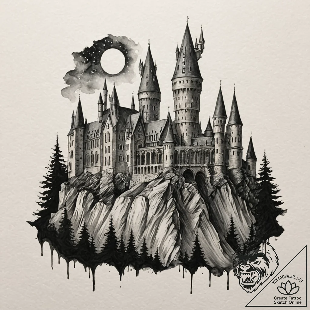 A watercolor sketch of hogwarts castle at nig... - tattoo sketch (№1753073514_0, 21.07.2025 04:51) — tattoovalue.net