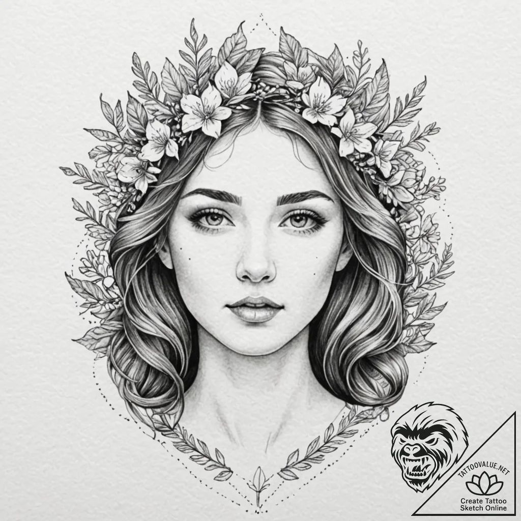 A serene tattoo sketch of the goddess lada, h... - tattoo sketch (№1753074256_0, 21.07.2025 05:04) — tattoovalue.net