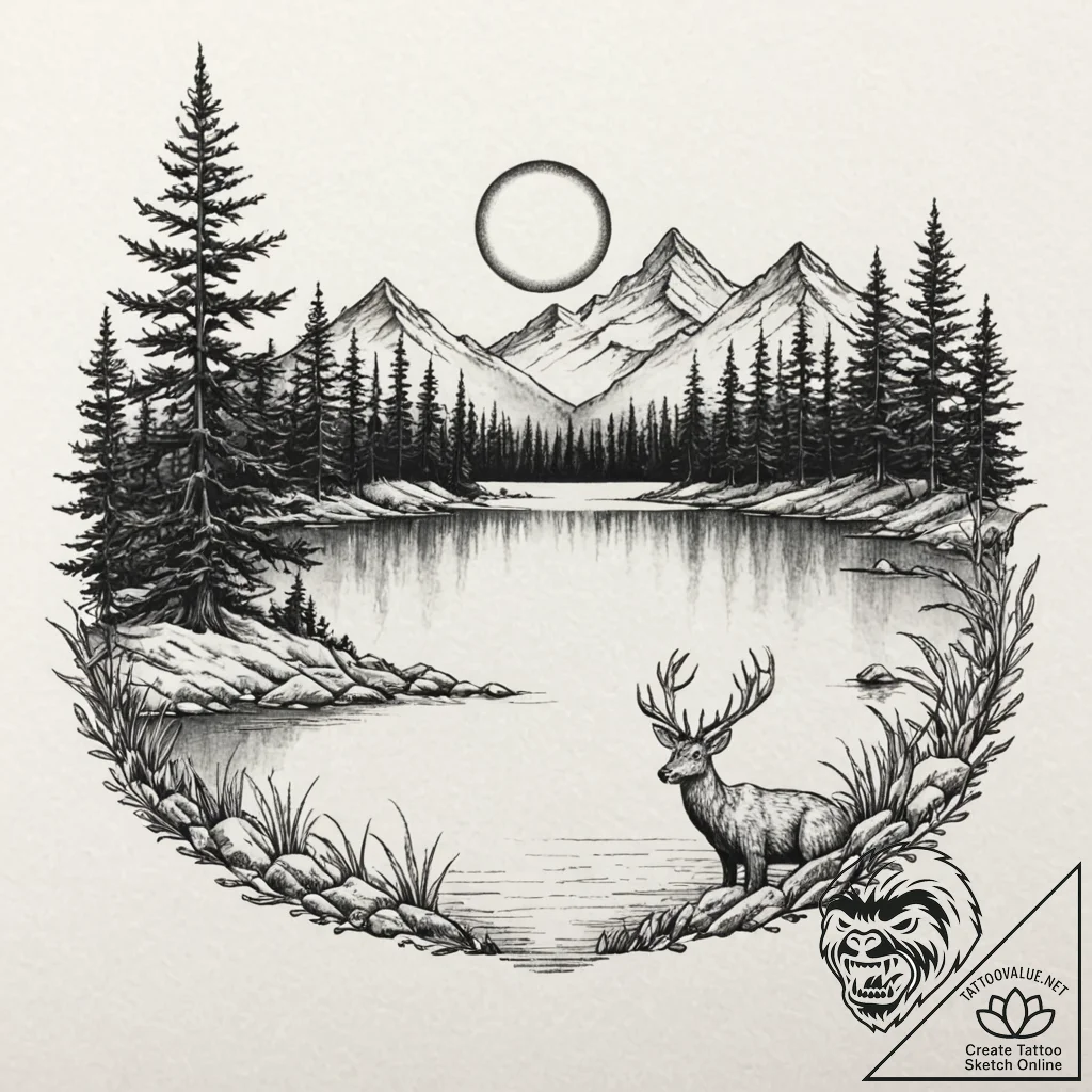 Tattoo design a calm lake with a fantasy crea... - tattoo sketch (№1753074338_0, 21.07.2025 05:05) — tattoovalue.net