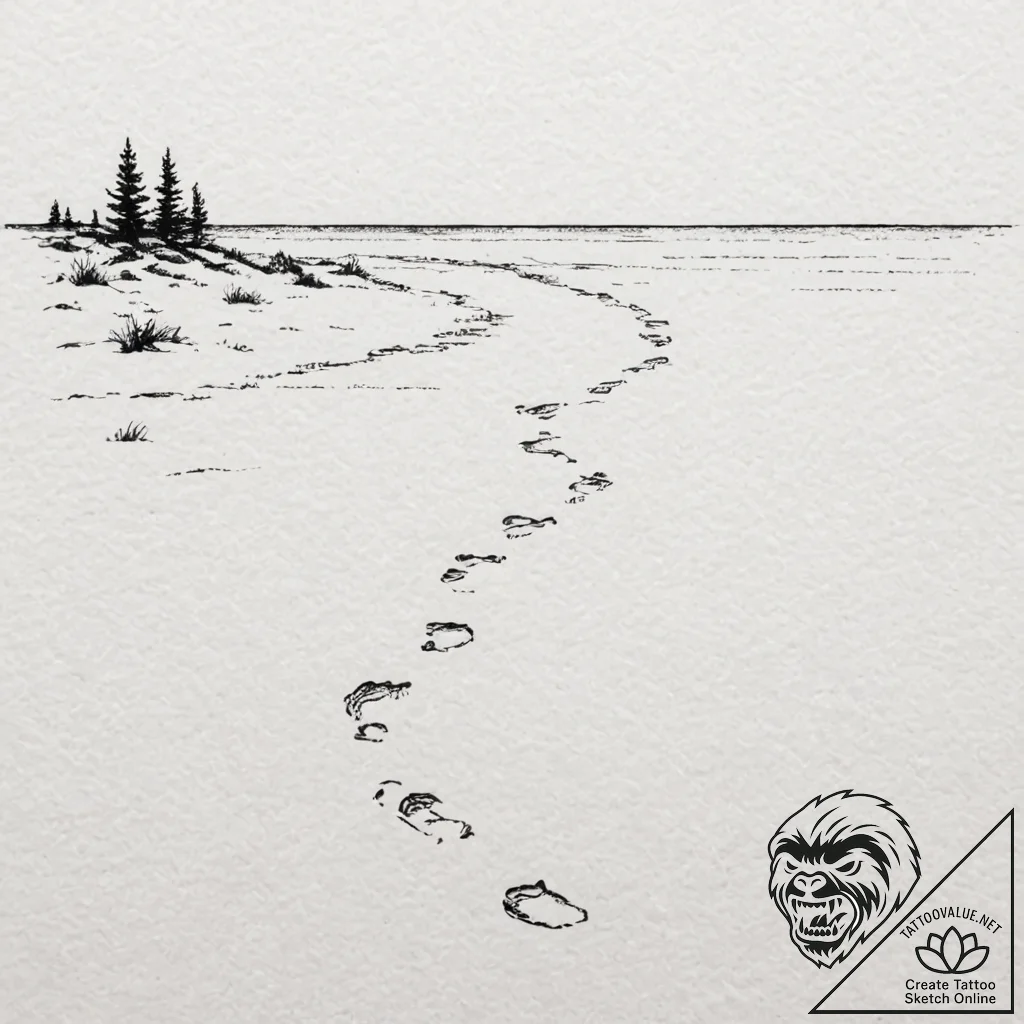 A shot of a deserted beach with footprints le... - tattoo sketch (№1753075503_0, 21.07.2025 05:25) — tattoovalue.net