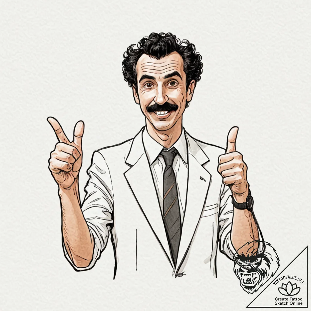 A graphic novel portrait of borat, with his t... - tattoo sketch (№1753076163_0, 21.07.2025 05:36) — tattoovalue.net