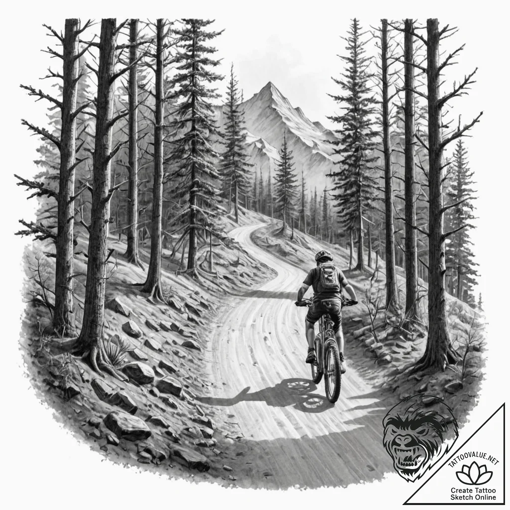 A shot of a mountain biker navigating a narro... - tattoo sketch (№1753076328_0, 21.07.2025 05:38) — tattoovalue.net
