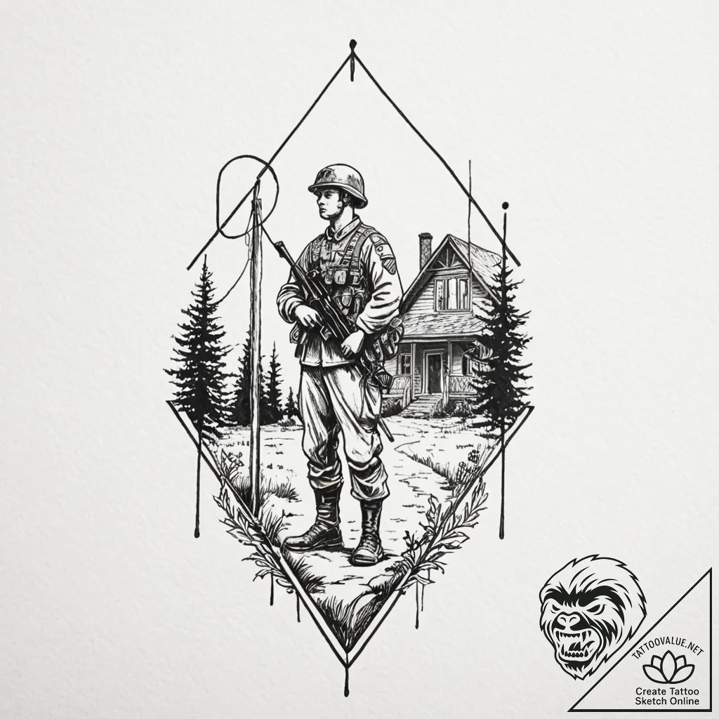 Tattoo sketch a silhouette of a soldier stand... - tattoo sketch (№1753077979_0, 21.07.2025 06:06) — tattoovalue.net