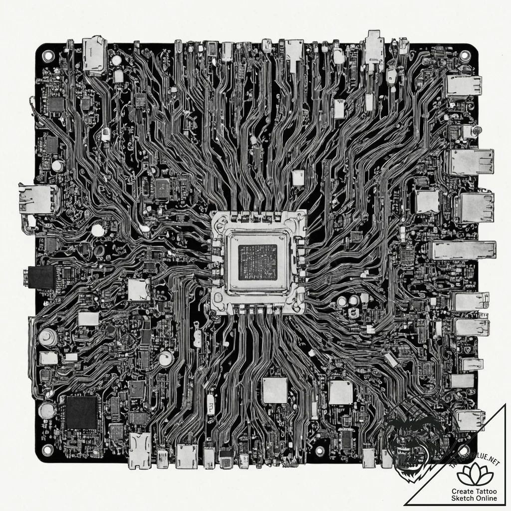 A close-up of a computer motherboard., artist... - tattoo sketch (№1753079870_0, 21.07.2025 06:37) — tattoovalue.net