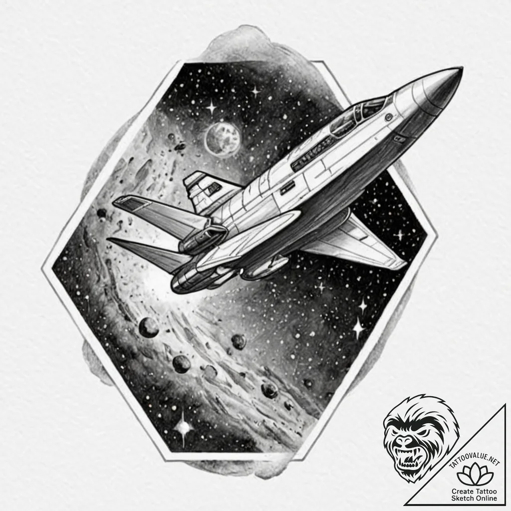Tattoo sketch a stylized spaceship soaring th... - tattoo sketch (№1753080283_0, 21.07.2025 06:44) — tattoovalue.net