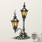 A flickering gas lamp on a historic, cobblest… – tattoo sketch (№1753082587_0, 21.07.2025 07:23) — tattoovalue.net