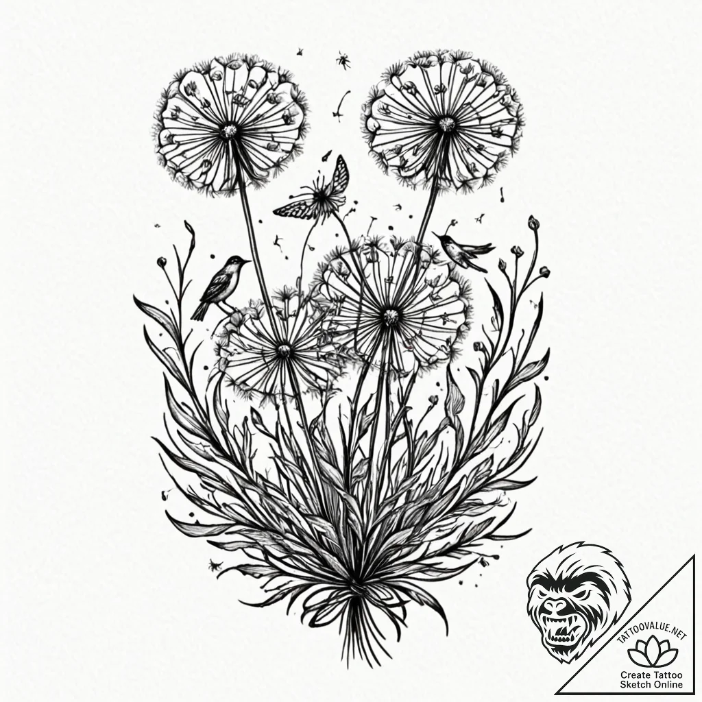 Dandelion with birds, tattoo flash sheet desi... - tattoo sketch (№1753084417_0, 21.07.2025 07:53) — tattoovalue.net