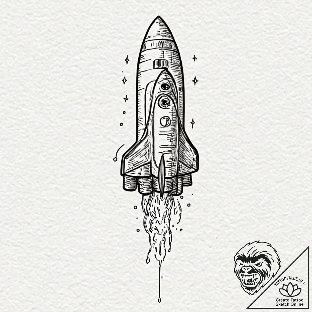 Rocket, tattoo line art, sepia tone sketch, v... - tattoo sketch (№1753085410_0, 21.07.2025 08:10) — tattoovalue.net