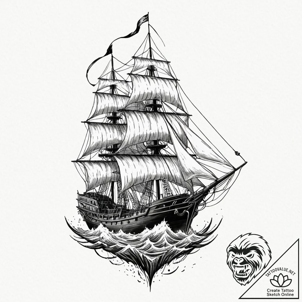 Frigate, artistic tattoo sketch, muted color... - tattoo sketch (№1753085494_0, 21.07.2025 08:11) — tattoovalue.net