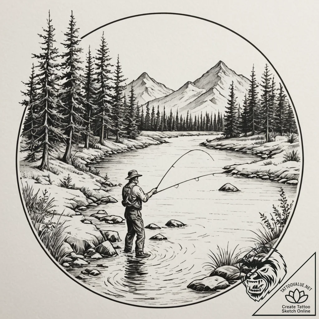 A shot of a fly fisherman casting a line in a... - tattoo sketch (№1753085827_0, 21.07.2025 08:17) — tattoovalue.net