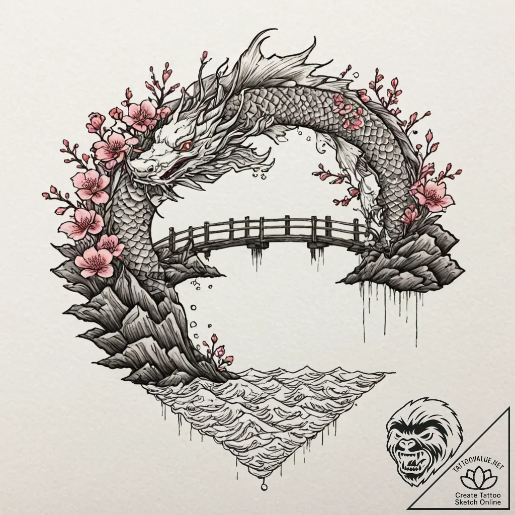 An old wooden pier stretching out into a calm... - tattoo sketch (№1753086323_0, 21.07.2025 08:25) — tattoovalue.net