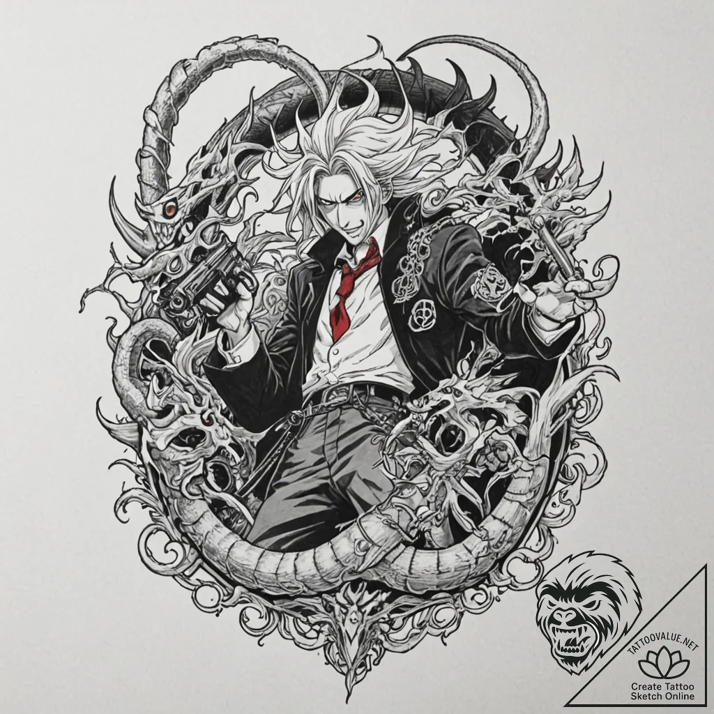 A trash polka tattoo of alucard from hellsing... - tattoo sketch (№1753087981_0, 21.07.2025 08:53) — tattoovalue.net