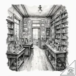 The interior of a small, cluttered antique sh… – tattoo sketch (№1753088065_0, 21.07.2025 08:54) — tattoovalue.net