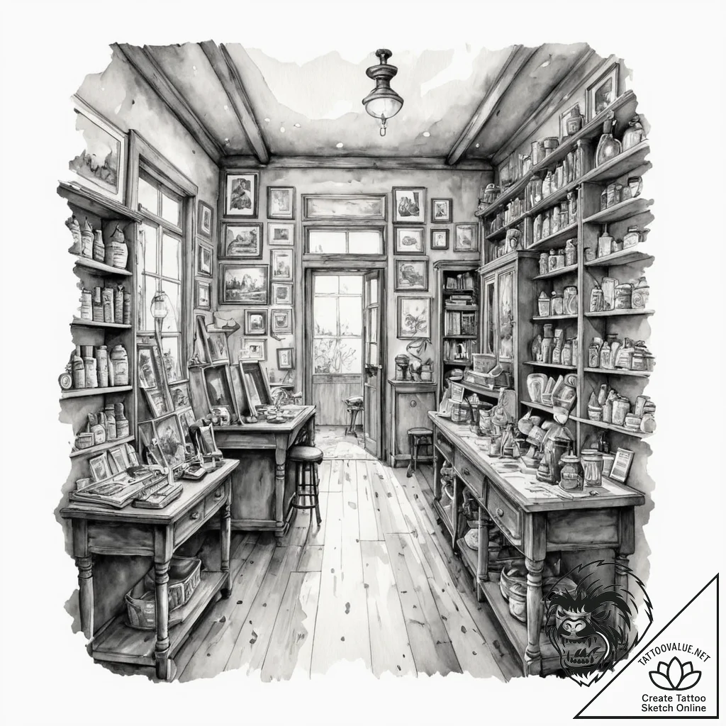 The interior of a small, cluttered antique sh... - tattoo sketch (№1753088065_0, 21.07.2025 08:54) — tattoovalue.net
