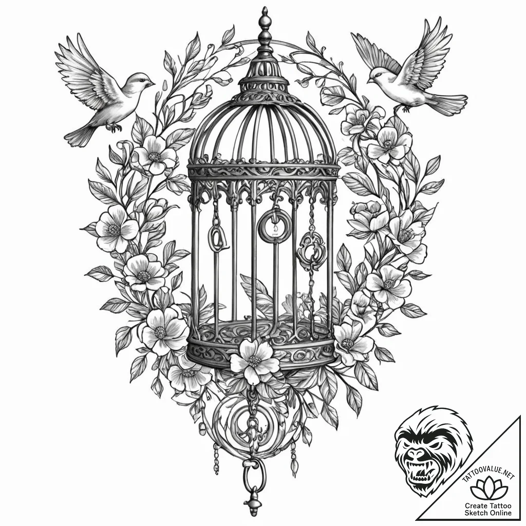 Tattoo sketch a key unlocking a birdcage, wit... - tattoo sketch (№1753088230_0, 21.07.2025 08:57) — tattoovalue.net