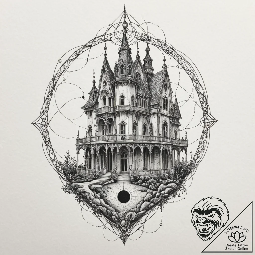 A sketch of the twisted, gothic architecture... - tattoo sketch (№1753088480_0, 21.07.2025 09:01) — tattoovalue.net