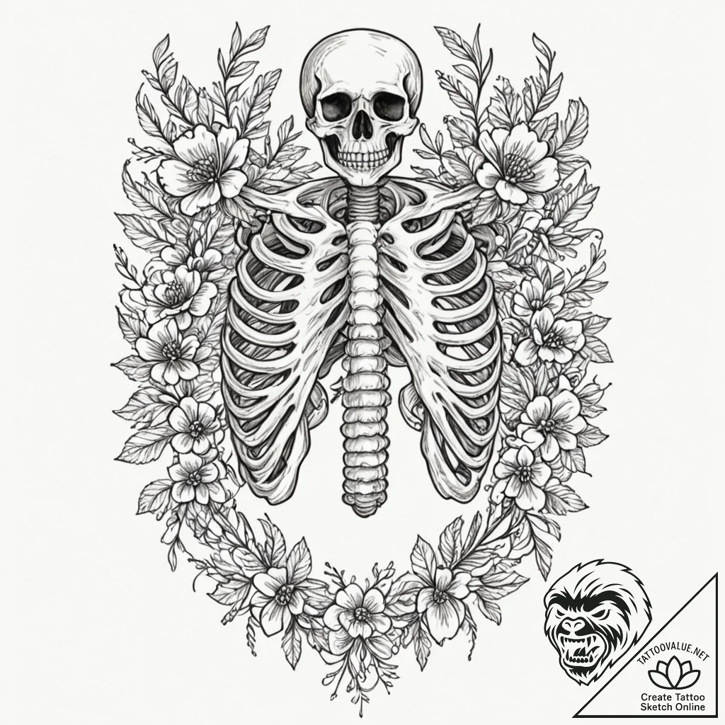Tattoo sketch a ribcage adorned with delicate... - tattoo sketch (№1753089390_0, 21.07.2025 09:16) — tattoovalue.net