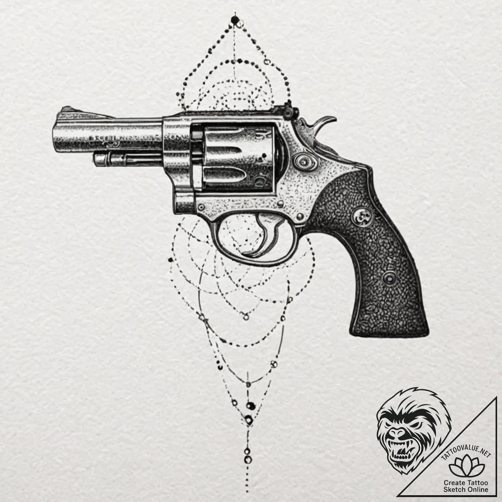Revolver, tattoo line art, muted color palett... - tattoo sketch (№1753091793_0, 21.07.2025 09:56) — tattoovalue.net