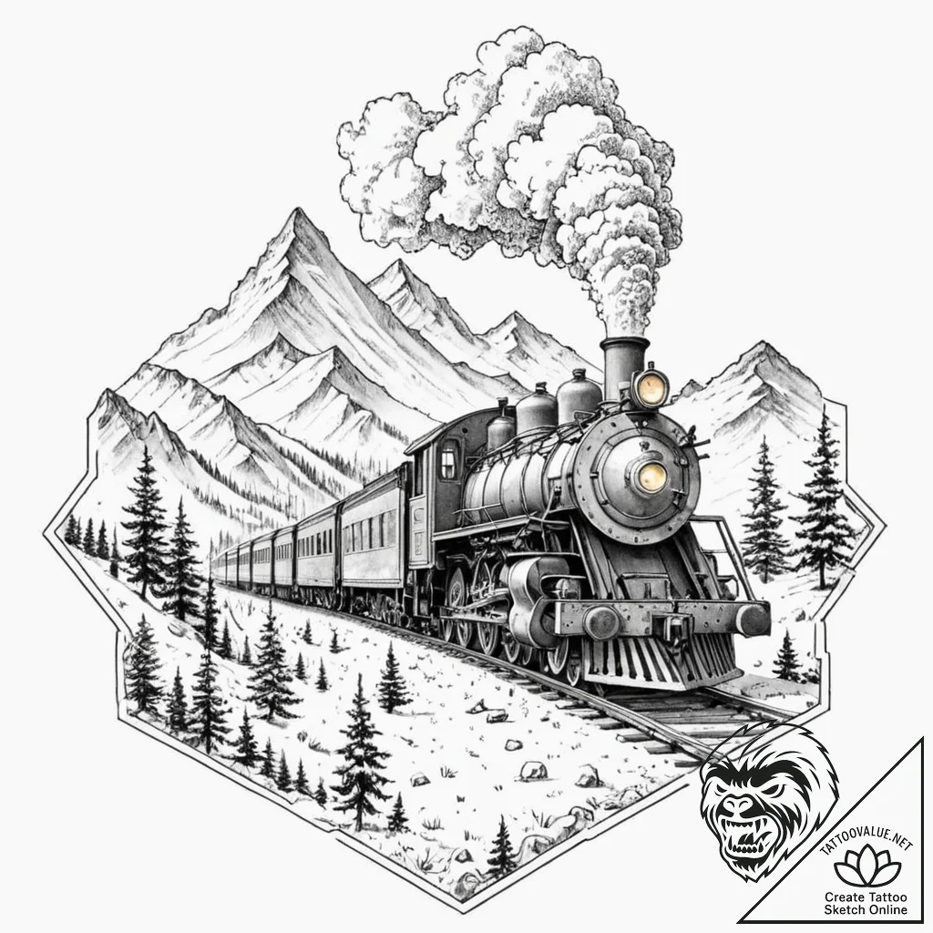 A powerful steam locomotive chugging through... - tattoo sketch (№1753093039_0, 21.07.2025 10:17) — tattoovalue.net