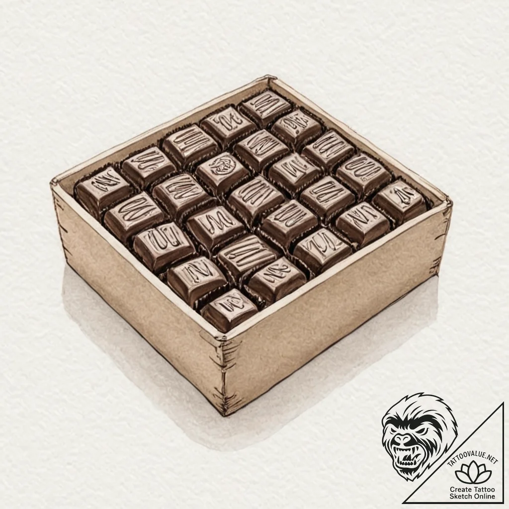 A minimalist tattoo of a box of chocolates fr... - tattoo sketch (№1753093122_0, 21.07.2025 10:18) — tattoovalue.net