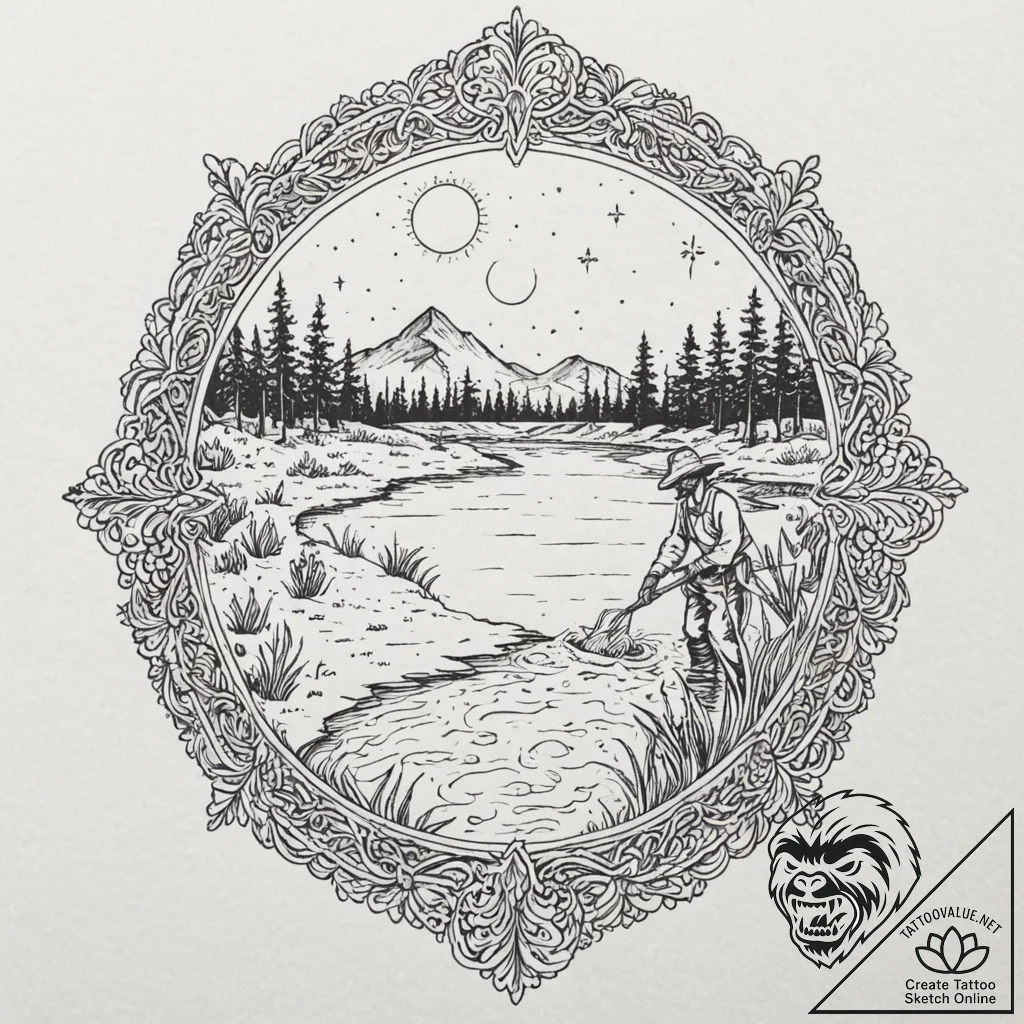 A person harvesting salt from an evaporation... - tattoo sketch (№1753094698_0, 21.07.2025 10:44) — tattoovalue.net
