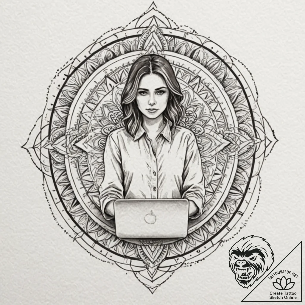 A journalist in a flak jacket, typing on a la... - tattoo sketch (№1753096190_0, 21.07.2025 11:09) — tattoovalue.net