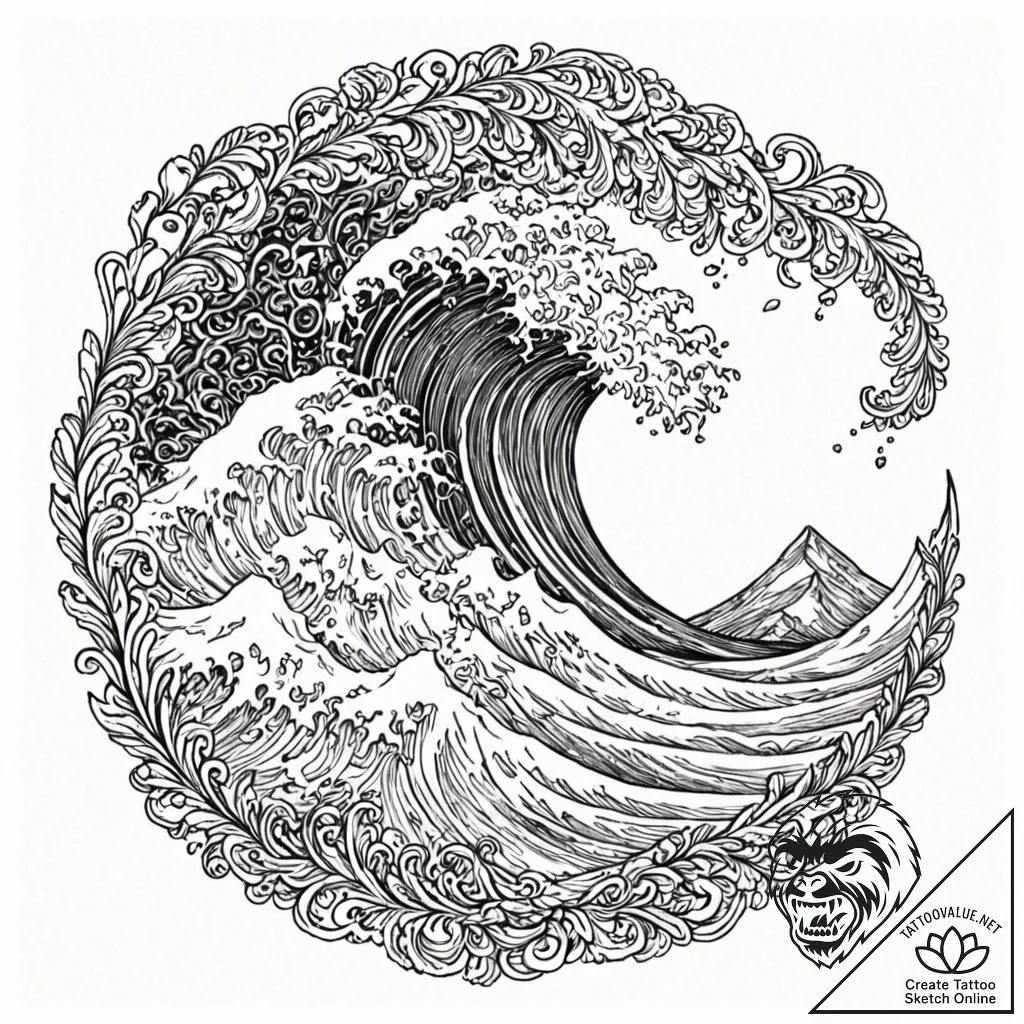 A powerful wave crashing against black volcan... - tattoo sketch (№1753098098_0, 21.07.2025 11:41) — tattoovalue.net