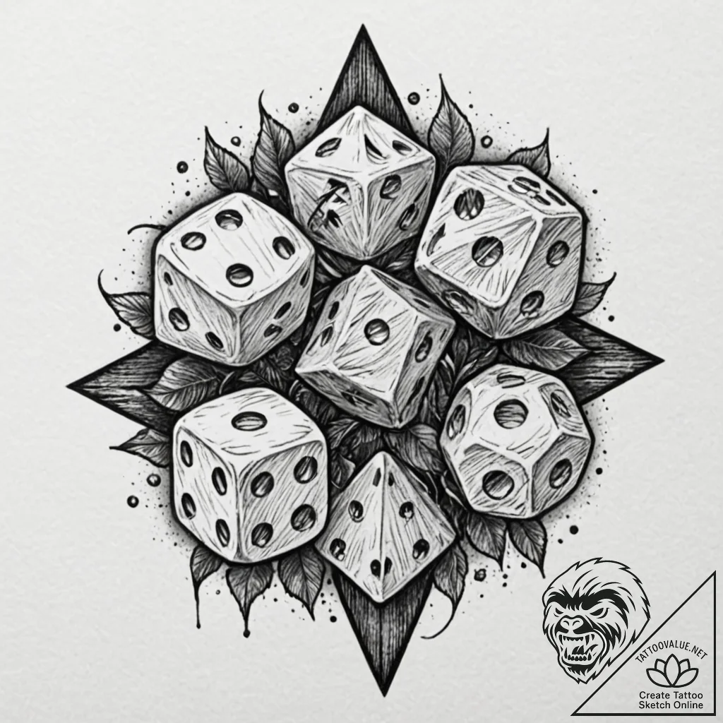 Dice, tattoo flash sheet design, blackwork ta... - tattoo sketch (№1753101427_0, 21.07.2025 12:37) — tattoovalue.net
