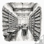 A shot of a crowded bookstore cafe., ink illu… – tattoo sketch (№1753101596_0, 21.07.2025 12:39) — tattoovalue.net