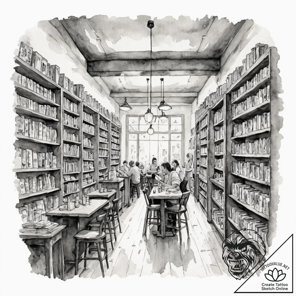 A shot of a crowded bookstore cafe., ink illu... - tattoo sketch (№1753101596_0, 21.07.2025 12:39) — tattoovalue.net