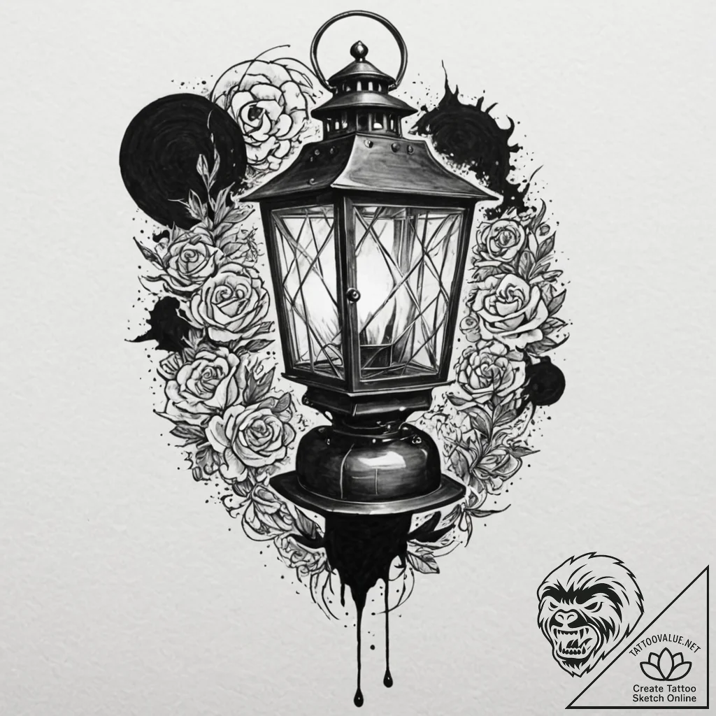 Tattoo sketch a stylized lantern casting eeri... - tattoo sketch (№1753102354_0, 21.07.2025 12:52) — tattoovalue.net
