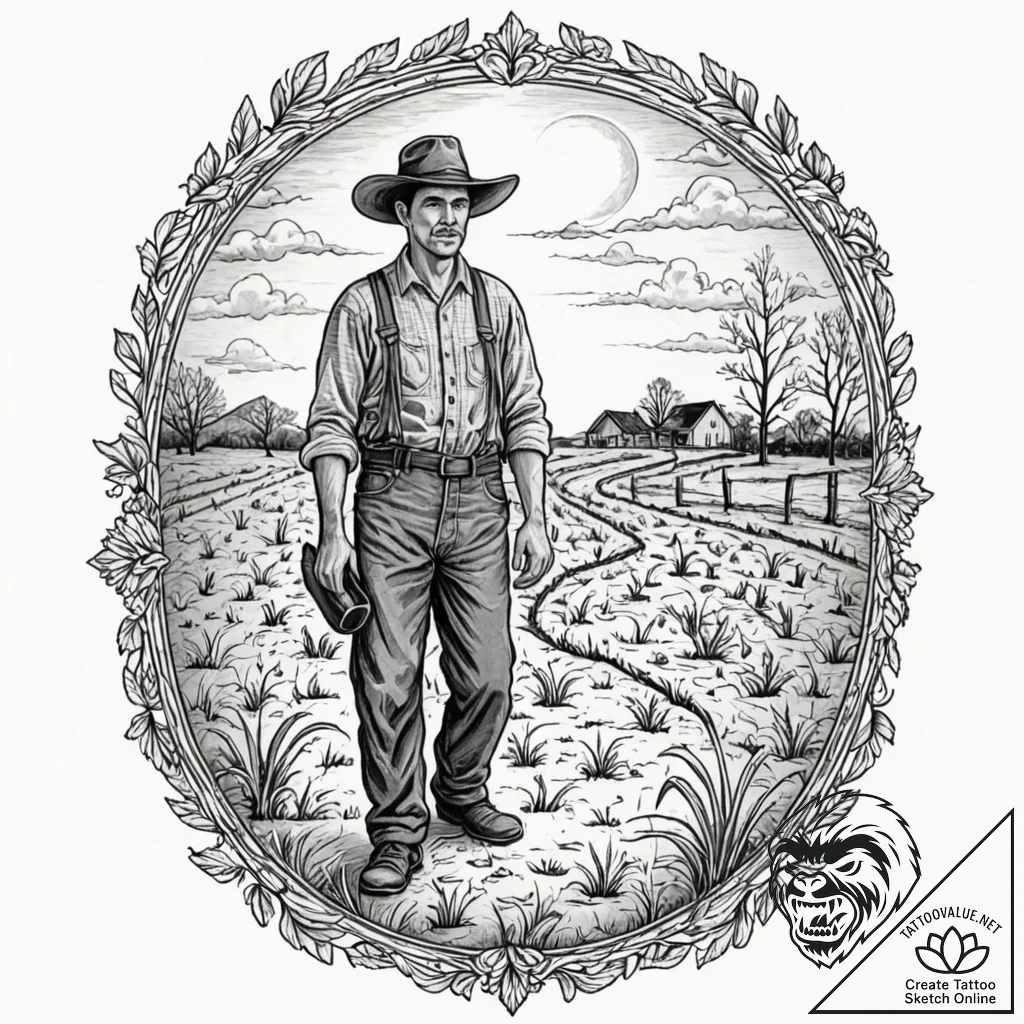 A powerful image of a farmer standing in a dr... - tattoo sketch (№1753103309_0, 21.07.2025 13:08) — tattoovalue.net