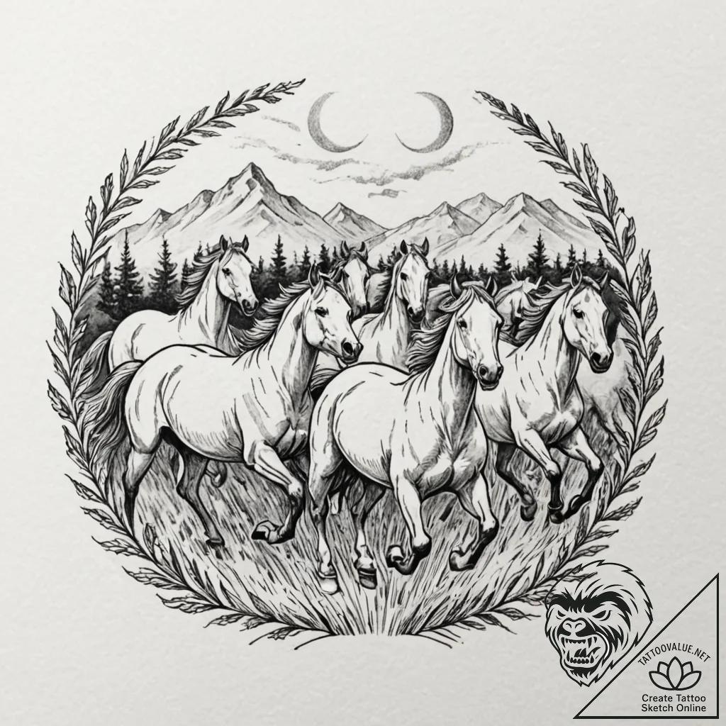 A herd of wild horses galloping across a gras... - tattoo sketch (№1753104691_0, 21.07.2025 13:31) — tattoovalue.net