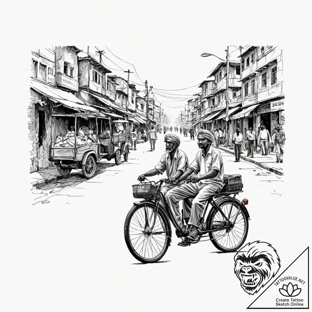 A shot of a rickshaw driver navigating a crow... - tattoo sketch (№1753105535_0, 21.07.2025 13:45) — tattoovalue.net
