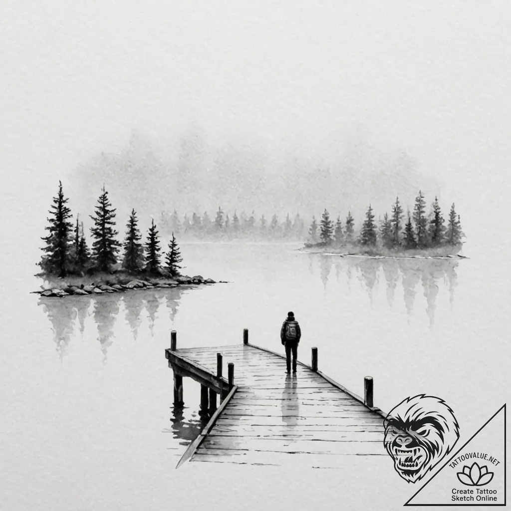 A lone figure standing at the end of a pier o... - tattoo sketch (№1753105688_0, 21.07.2025 13:48) — tattoovalue.net