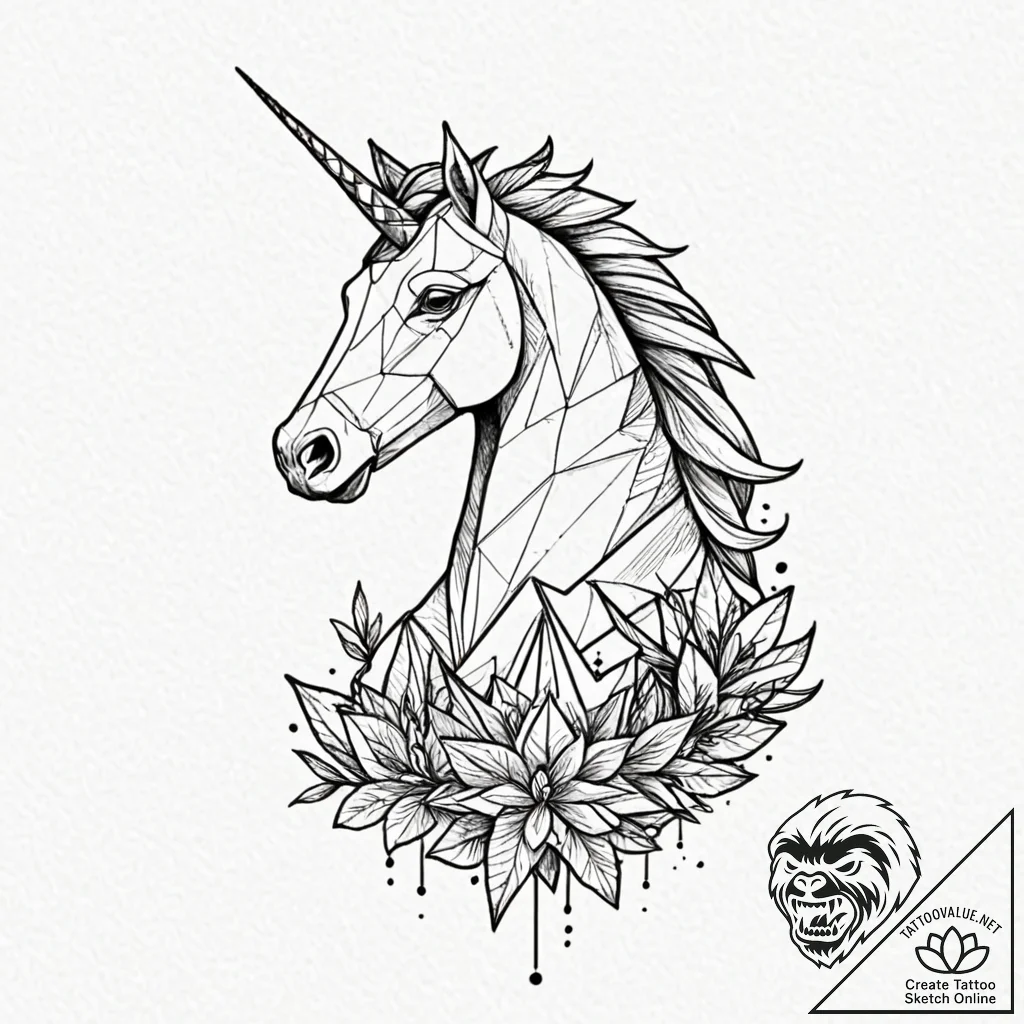 Linework tattoo design of the origami unicorn... - tattoo sketch (№1753106685_0, 21.07.2025 14:04) — tattoovalue.net