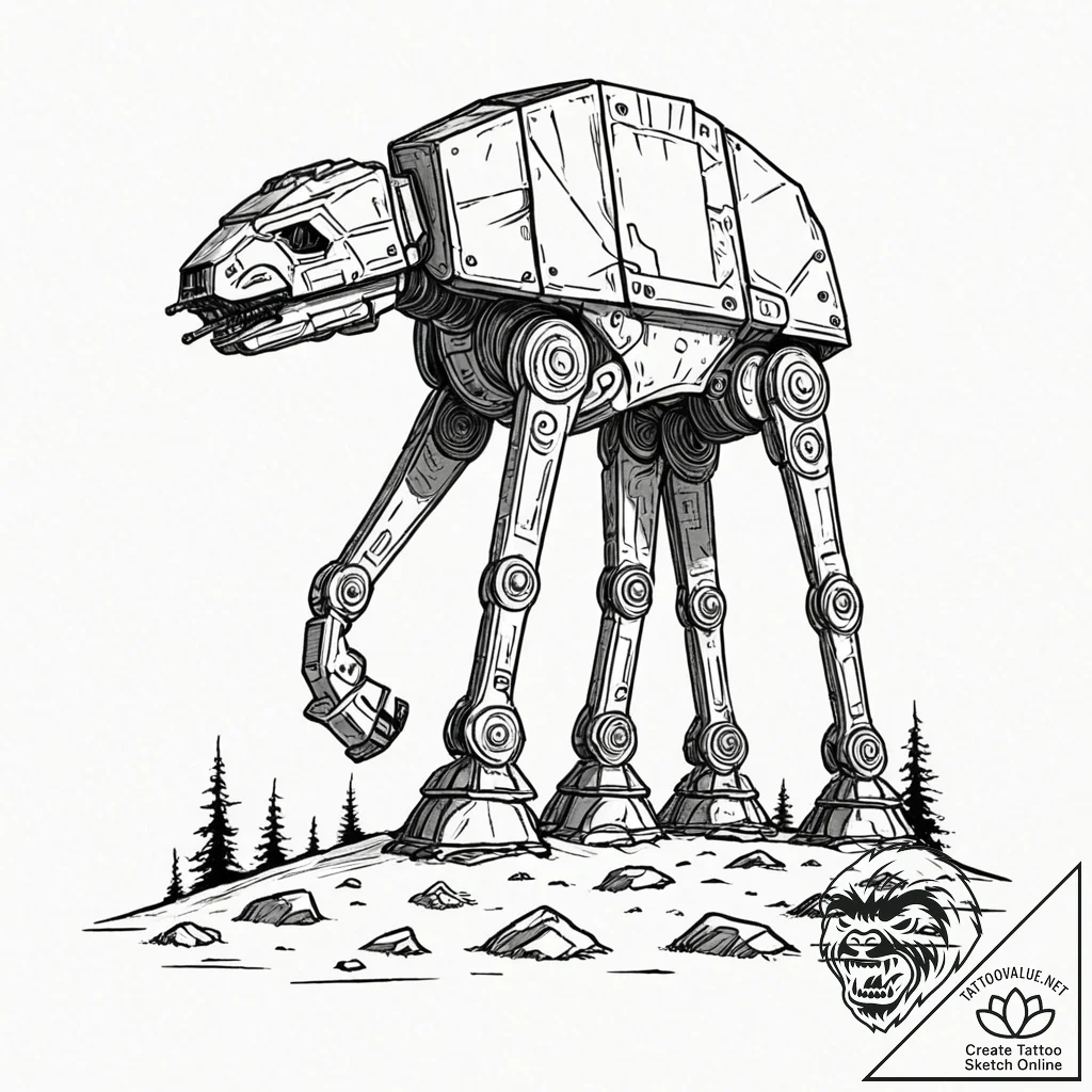 A graphic tattoo of an at-at walker, minimali... - tattoo sketch (№1753106916_0, 21.07.2025 14:08) — tattoovalue.net